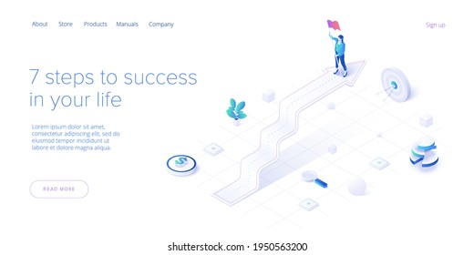 Career growth with young woman holding goal flag. Success or successful job development with businesswoman. Isometric vector illustration. Web banner layout template.