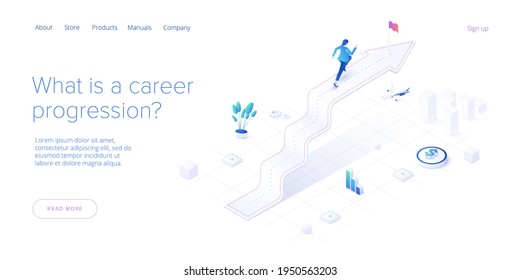 Career growth with young woman running to goal flag. Success or successful job development with businesswoman. Isometric vector illustration. Web banner layout template.