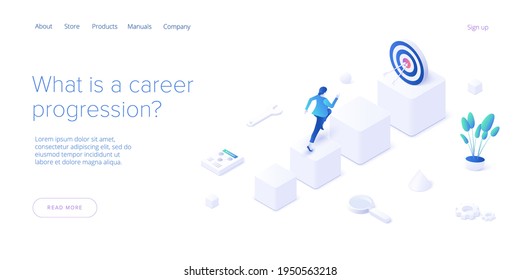 Career growth with young woman running to goal flag. Success or successful job development with businesswoman. Isometric vector illustration. Web banner layout template.