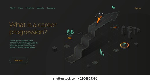 Career growth with young woman running to goal flag. Success or successful job development with businesswoman. Isometric vector illustration. Web banner layout template.