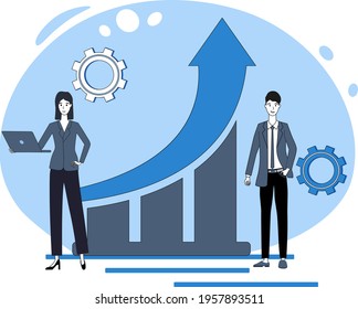 Career growth.Employees against the background of a personal schedule of career success.The concept of employment and achievements in the profession.Flat vector illustration in blue color.