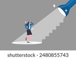 Career guidance or advice to step up career path, business direction or spotlight to success, discover talent or job candidate concept, flashlight staircase light beam to step up for businesswoman.