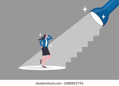 Career guidance or advice to step up career path, business direction or spotlight to success, discover talent or job candidate concept, flashlight staircase light beam to step up for businesswoman.