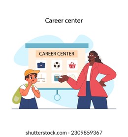 Career guidance for children. Career center specialist helping a kid to define a future profession. Children education path for potential career. Flat vector illustration