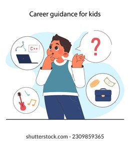 Career guidance for children. Little boy trying to choose a future profession. Children education path for potential career. Flat vector illustration