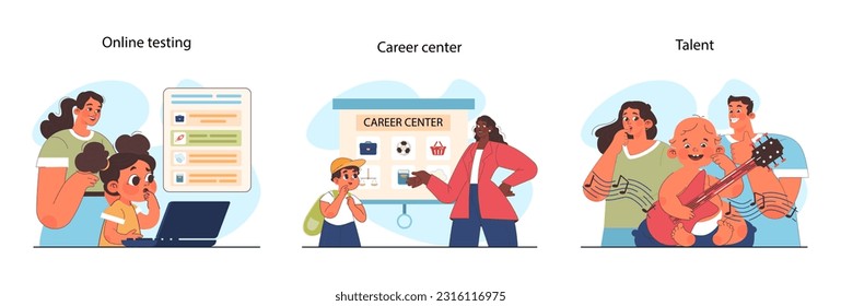 Career guidance for children set. Parents helping their kid to define a future profession. Children education path for potential career. Flat vector illustration