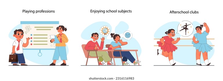 Career guidance for children set. Parents helping their kid to define a future profession. Children education path for potential career. Flat vector illustration