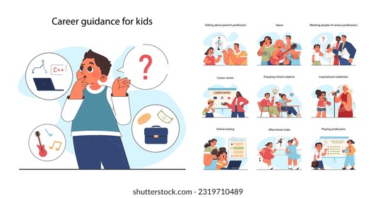 Career guidance for children set. Parents helping their kid to define a future profession. Children education path for potential career. Flat vector illustration