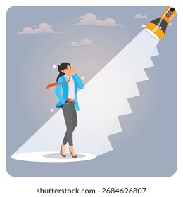 Career guidance concept or advice to step up career path.Confident Business Woman Steps Into Spotlight Under a Powerful Beam of Light .Embracing Her Career Dream and Goal.