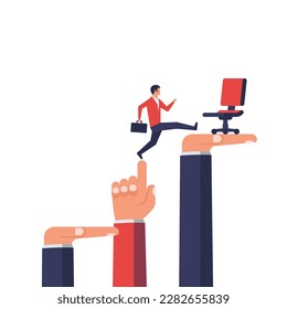 Career help concept. Helping the movement to success in business. Running businessman on the way to success. Teamwork, employees create stairs with their hands. Vector illustration flat design. 