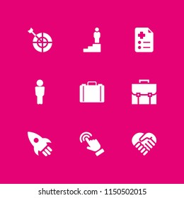 career icon. 9 career set with rocket, human, goal and portfolio vector icons for web and mobile app