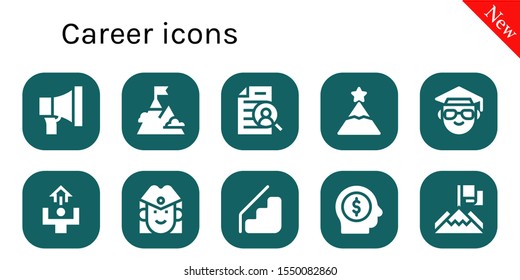 career icon set. 10 filled career icons.  Simple modern icons about  - Promotion, Goal, Curriculum, Peak, Scientist, Motivation, Stewardess, Stairs, Employee, Achievement