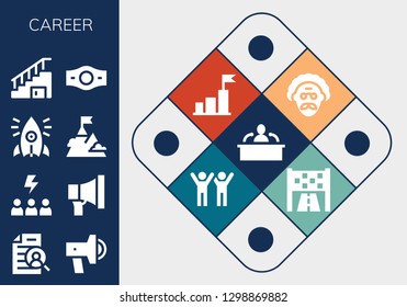  career icon set. 13 filled career icons. Simple modern icons about  - Interview, Curriculum, Promotion, Motivation, Initiative, Goal, Stairs, Champion belt, Scientist, Success