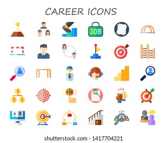 career icon set. 30 flat career icons.  Collection Of - peak, collaboration, stairs, hiring, job search, ladder, goal, businessman, Goal, professions and jobs, organization, skills