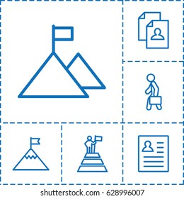 Career icon. set of 6 career outline icons such as resume, man with case, man at the top of the mountain with flag