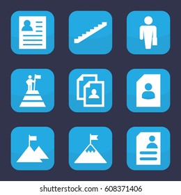 Career icon. set of 9 filled career icons such as stairs, resume, man at the top of the mountain with flag, flag on mountain