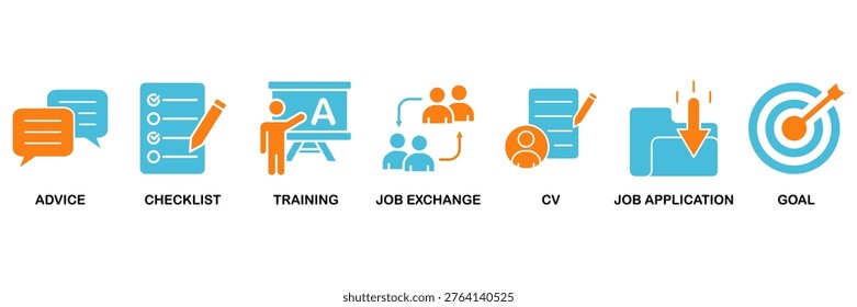 Career icon set Aqua Orange Flat concept for advice, checklist, training, job exchange, cv, job application and goal