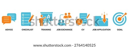 Career icon set Aqua Orange Flat concept for advice, checklist, training, job exchange, cv, job application and goal