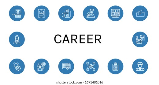 career icon set. Collection of Headhunting, College, Resume, Success, Candidates, Stairs, Development, Goal, Skill, Curriculum, Businessman, Air hostess icons