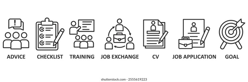 Career icon set illustration concept with icon of advice,checklist,training,job exchange,cv,job apllication,goal