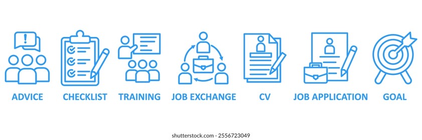 Career icon set illustration concept with icon of advice,checklist,training,job exchange,cv,job apllication,goal