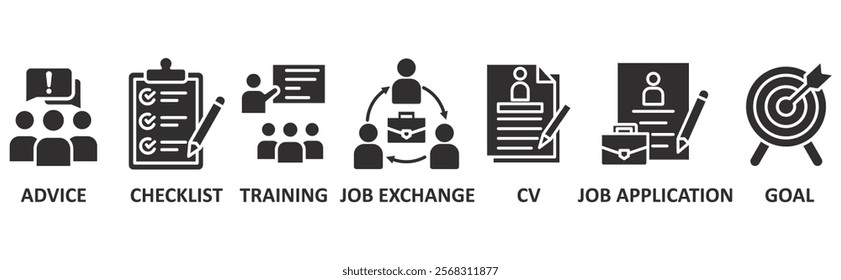 Career icon set illustration concept with icon of advice,checklist,training,job exchange,cv,job apllication,goal	