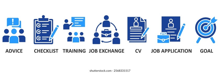 Career icon set illustration concept with icon of advice,checklist,training,job exchange,cv,job apllication,goal	