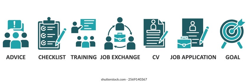 Career icon set illustration concept with icon of advice,checklist,training,job exchange,cv,job apllication,goal	