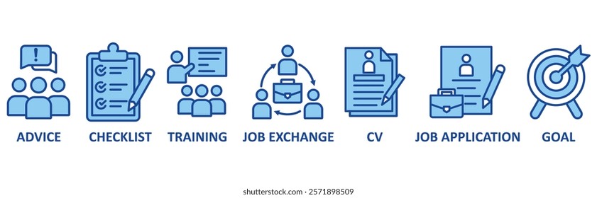 Career icon set illustration concept with icon of advice,checklist,training,job exchange,cv,job apllication,goal	