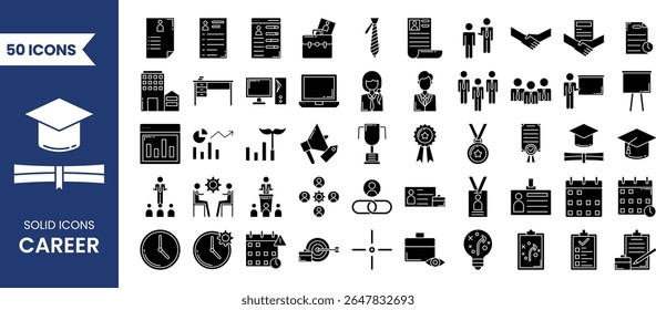 Career icon set in solid style. Icons related to Success, Growth, Work, Goals, Motivation, Achievements and more. Vector illustration