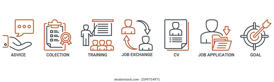 Career icon set. Vector illustration concept with icon of advice, checklist, training, job exchange, cv, job application, and goal icons. Outline vector symbol background.