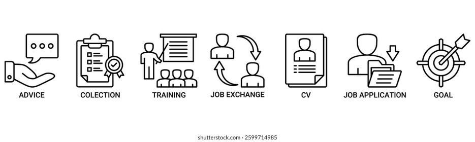 Career icon set. Vector illustration concept with icon of advice, checklist, training, job exchange, cv, job application, and goal icons. Outline vector symbol background.