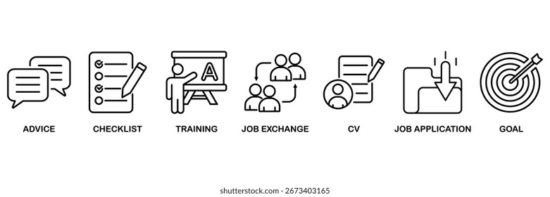 Concepto de Ilustración vectorial de conjunto de iconos de carrera para asesoramiento, lista de verificación, capacitación, intercambio de trabajo, CV, solicitud de empleo y objetivo