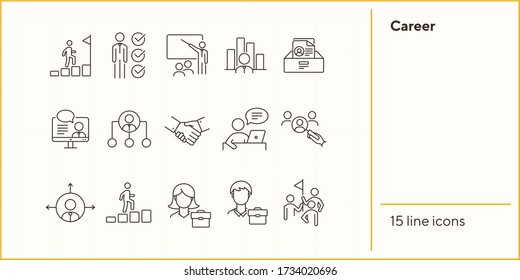 Career icons. Line icons collection on white background. Professional skills, hierarchy, team. Business concept. Vector illustration can be used for topic like management, planning, strategy