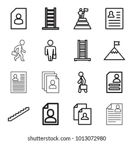 Career icons. set of 16 editable outline career icons such as ladder, stairs, resume, man with case, man at the top of the mountain with flag