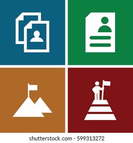 career icons set. Set of 4 career filled icons such as resume, man at the top of the mountain with flag