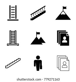 Career icons. set of 9 editable filled and outline career icons such as man with case, flag on mountain, ladder, stairs