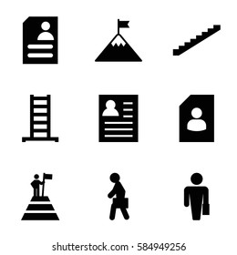 career icons set. Set of 9 career filled icons such as ladder, stairs, resume, man with case, man at the top of the mountain with flag