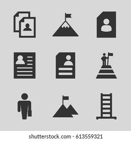 Career icons set. set of 9 career filled icons such as ladder, resume, man at the top of the mountain with flag, flag on mountain