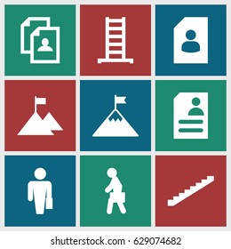 Career icons set. set of 9 career filled icons such as ladder, stairs, resume, man with case