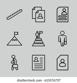 Career icons set. set of 9 career outline icons such as stairs, resume, man with case, man at the top of the mountain with flag