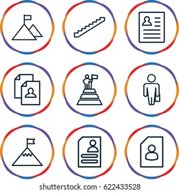 Career icons set. set of 9 career outline icons such as stairs, resume, man with case, man at the top of the mountain with flag
