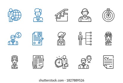 career icons set. Collection of career with curriculum, employee, job search, pilot, skills, librarian, goal, salesman, stairs, candidate. Editable and scalable career icons.