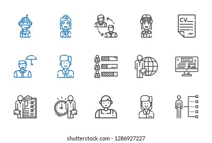career icons set. Collection of career with skills, employee, salesman, goal, candidate, curriculum, pilot, employees, stewardess. Editable and scalable career icons.