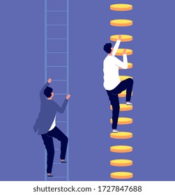Career inequality. Social gap, employee discrimination. Tiny business professionals on ladders. Money help promotion vector illustration
