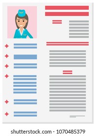 Career information leaflet flat vector. Stewardess resume page with applicant portrait and personal data. Curriculum vitae or dossier. Profession presentation sheet illustration for labor day concept