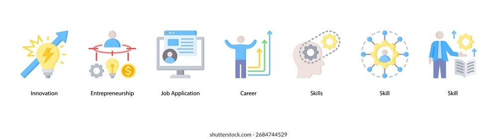 Ilustração do vetor do ícone do banner da web de Inovação de carreira com Inovação, Empreendedorismo, Aplicação de emprego, Carreira, Habilidades, Habilidade e Habilidade.