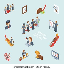 Career isometric set with 3d cv success stairway business briefcase isolated vector illustration