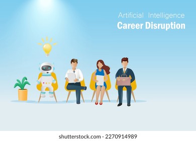 Career and job disruption from artificial intelligence technology. Smart AI robot sit among recruitment applicants for interview on vacant job. vector.