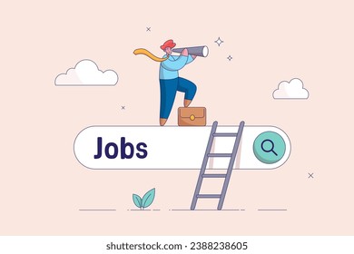 Career or job search concept. Looking for new job, employment, ind opportunity, seek for vacancy or work position. businessman climb up ladder of job search bar with binoculars to see opportunity.